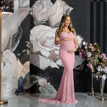 Women's Lace Pregnant Women Tailing Short-Sleeved Dress Photography Flying Sleeve Dress 1207 Maternity